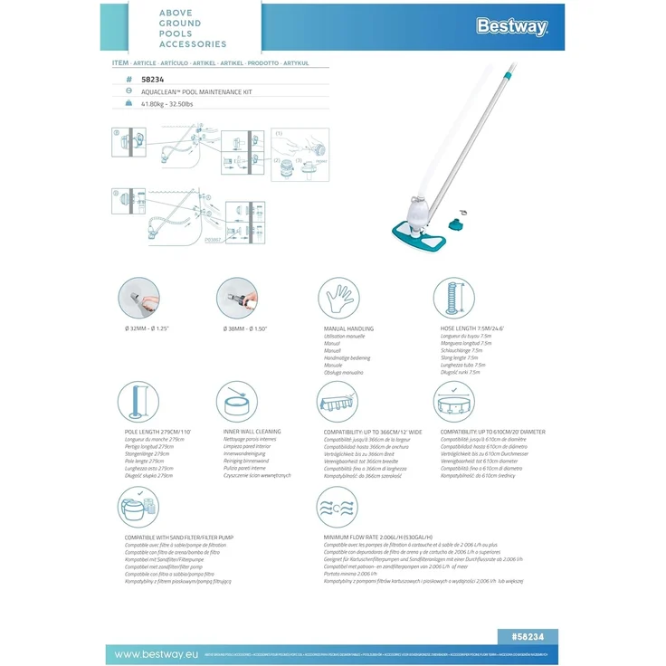 Poolpflege Basis-Set AquaClean™ mit pumpenbetriebenem Poolsauger & Kescher für Poolgrößen bis 610 cm – Bild 17