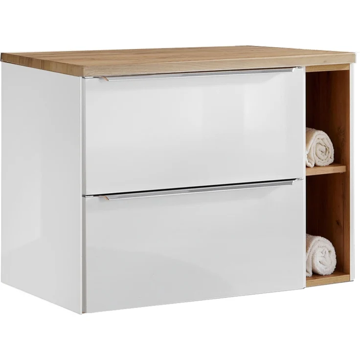 Waschtischunterschrank Set mit Regal 81cm TOSKANA-56 Hochglanz weiß & Wotaneiche B/H/T ca. 81/59,5/46cm – Bild 2
