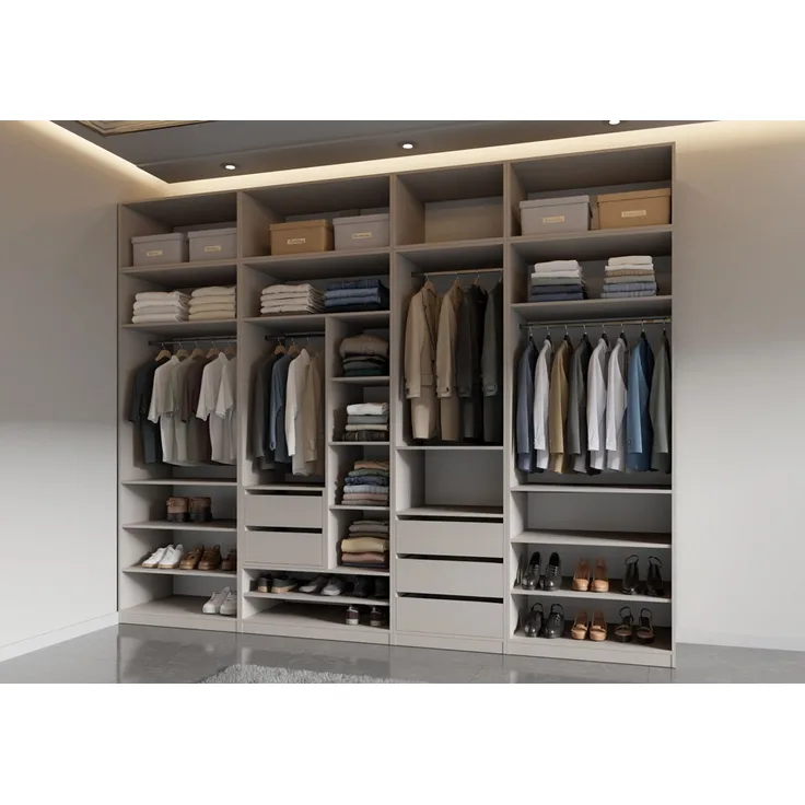 Marmex Möbel Tres Set-Z/N Modularer offener Kleiderschrank, großes, geräumiges Kleiderschrank-Set ohne Türen, Ankleidezimmer Möbel, laminierte Spanplatte, graubeige cashmere 310x246x51 cm