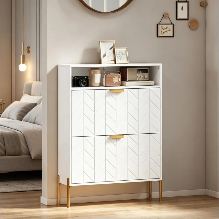 DESVIAE Garderobenschrank Weiß aus MDF/Partikelplatte – 80x110x23,7 cm – 2 Kippschränke, offenes Fach – Bild 1