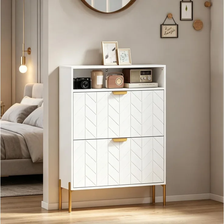 DESVIAE Garderobenschrank Weiß aus MDF/Partikelplatte – 80x110x23,7 cm – 2 Kippschränke, offenes Fach