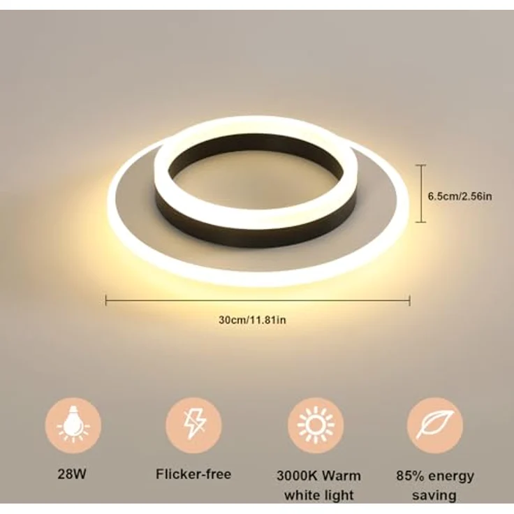 Goeco Deckenlampe LED, 28W Deckenleuchte Modern Rund, 3000K Warmweiß, Deckenbeleuchtung Schlafzimmer, Flur, Küche, Balkon, Weiß und Schwarz – Bild 3
