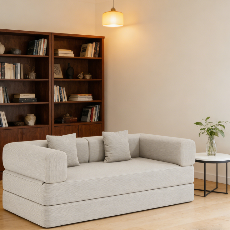 ZUBALIYA Corduroy klappbar Matratze Couch mit Fixed-Shape Rahmen / umwandelbar Sleeper Sofa Bett mit Cylindrical Kissen, 200.00 x 100.00 x 70.00 cm, fürs Schlafzimmer, Off Weiß – Bild 9