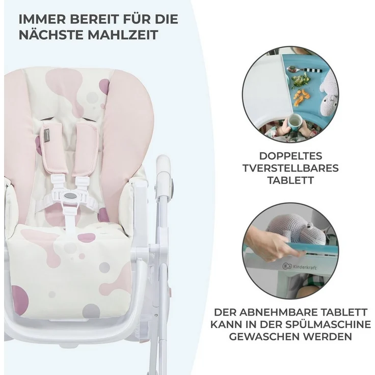 Kinderkraft Hochstuhl 'YUMMY' Rosa, 5-Punkt-Gurt, rutschfeste Stuhlbeinkappen, höhenverstellbar, inkl. abnehmbares Essbrett – Bild 3