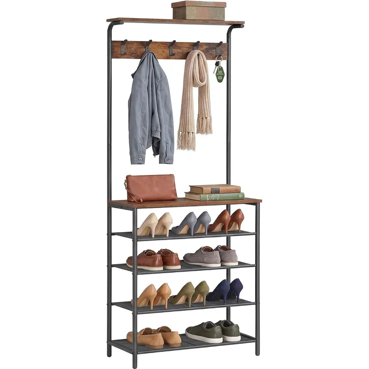 Vasagle Garderobenständer, Kleiderständer, Garderobe mit 5 Doppelhaken, Schuhregal mit 5 Ebenen, eine Ablage Oben, für Wohnungen, Schlafzimmer, Flur, Industrie-Design, vintagebraun-schwarz von Songmics HSR412B01
