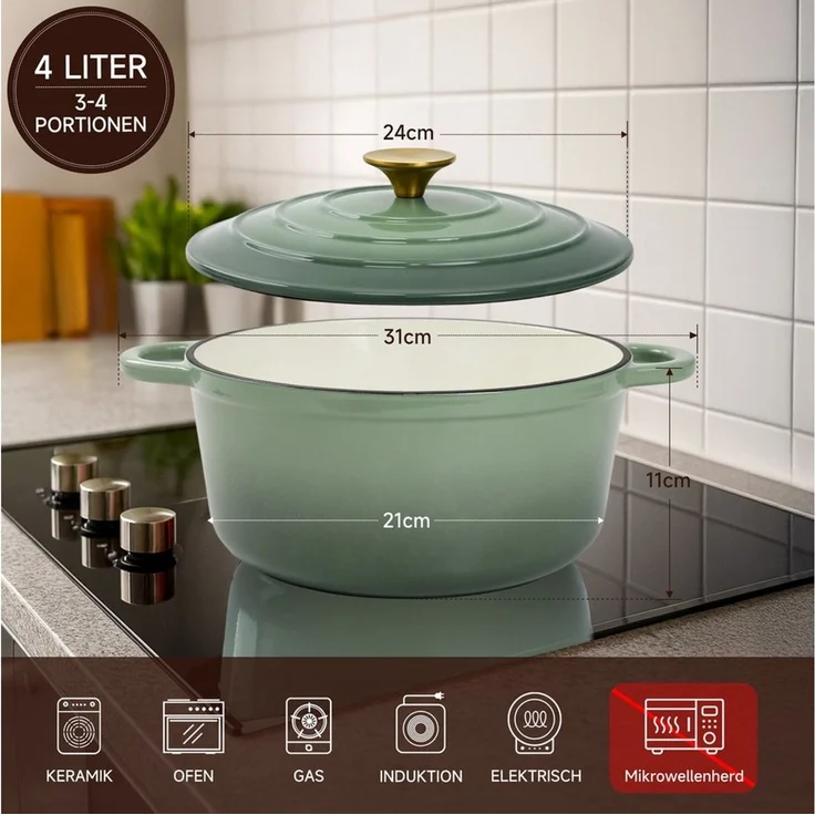 Zedelmaier Bräter Gusseisen Topf 22/24/26/28cm Incl. Silikon Topflappen Topfuntersetzer, (Set, 1 Pot mit 1 lid, 2 Ofenhandschuhe, 1 Topfuntersetzer), Backofengeeignet Induktionsgeeignet Zum Braten, Schmoren, Kochen – Bild 2
