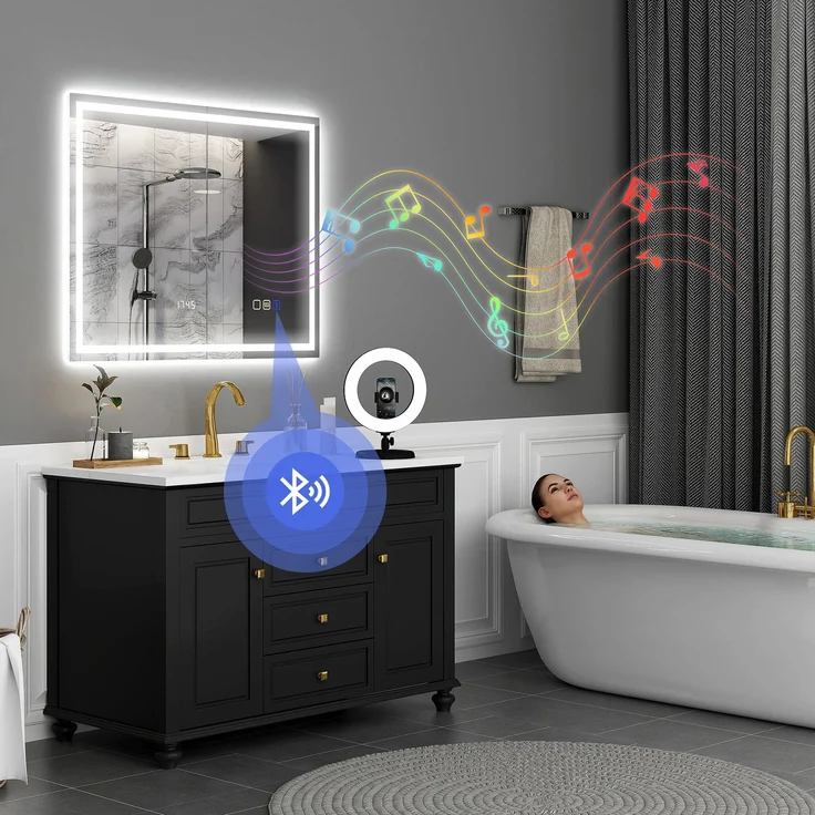 MELAYR, Badspiegel mit Beleuchtung 100x80 cm LED Spiegel Uhr Silber – Bild 3
