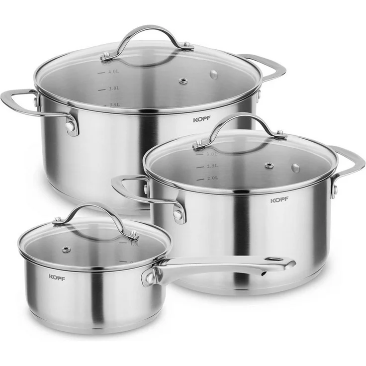Kopf Topf-Set Clara, Edelstahl (Set, 6-tlg, 2 Kochtöpfe, Stielkasserolle, 3 Glasdeckel), Kochtopfset, Töpfe Induktion, Spülmaschinengeeignet, Backofenfest – Bild 1