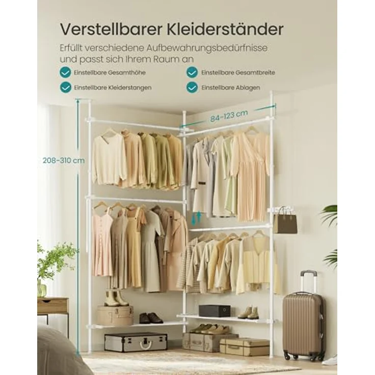 Songmics Teleskopstange Kleiderständer, 3-stufige Garderobe, höhen- und breitenverstellbar, offener Kleiderschrank mit 4 Kleiderstangen und 2 abnehmbaren Ablagen, Greifarm, mattweiß HSR154W01 – Bild 4