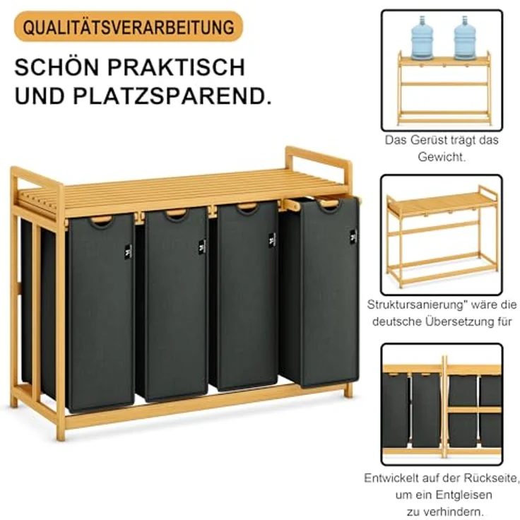AdelDream Wäschekorb mit Bambusrahmen,200 l, 4 Fächer,Wäschesortierer – Bild 5