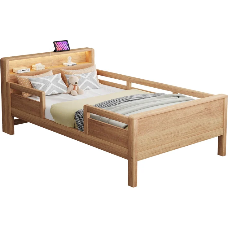 Kinderbett 90x200 cm mit LED & USB Type-C Anschluss,Massivholz Einzelbett mit Kopfteil Ablage & Gitterdesign,Weiß – Bild 7