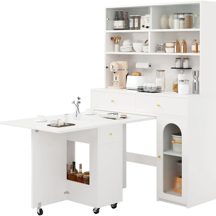 EINHOM Küchenschrank Set mit Klappbarem Esstisch und Bartisch, Mobiler Esstisch auf Rollen, Hochschrank mit Stauraum, Möbel Set für Küche, Esszimmer und Wohnzimmer, Weiß – Bild 4
