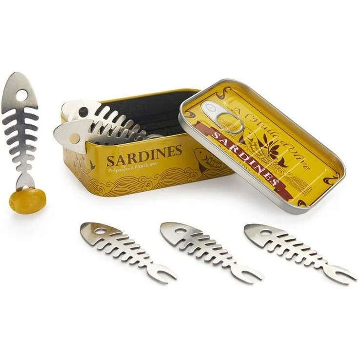 Balvi Brotzeitgabel Sardines Set - 6er Set Aperitiv-Gabeln Sardinen - Metall Piekser (6 Stück), Cocktailspieße, Cocktail-Gabeln in Sardinendose - Snackgabel Sardine – Bild 1