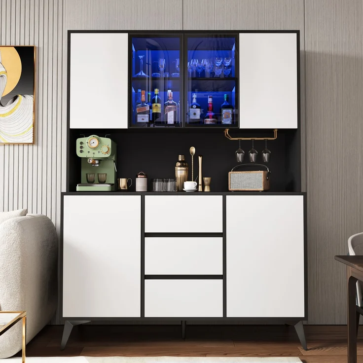 Hochschrank, Vitrine, Anrichte, Sideboard, Esszimmerschrank, Wohnzimmerschrank, Schwarz-Weiß Optik, Küchenschrank, Vitrine mit Glasfront,3 Schubladen, goldener Gläserhalter, per App farbverstellbare L--Schwarz, Weiß--120x40x160cm--YOUDENOVA – Bild 2