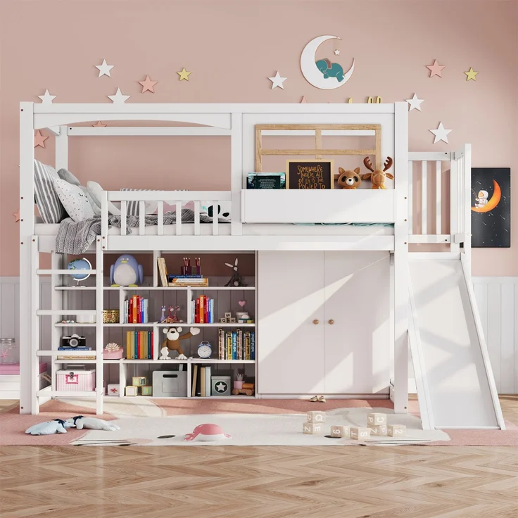 Etagenbett 90 × 200 cm (Liegefläche) – Etagenbett mit Rutsche, Kleiderschrank & Regal, vierseitiger Fallschutz, Weiß/Natur – Bild 6
