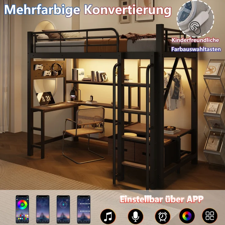 EINHOM Hochbett, 90 x 200 cm, Eisenrahmen, Lochwand, Mehreren Regalen, Schreibtisch, mit USB-Anschluss, Icherheitsgeländer, Aufhängestange, mit LED-Lichtleiste, Schwarz (Ohne Matratze) – Bild 4