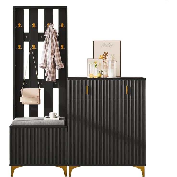 Garderobenset mit Schuhbank und Kissen, Garderobenfront mit Haken, Schuhschrank mit Schubladen und Türen