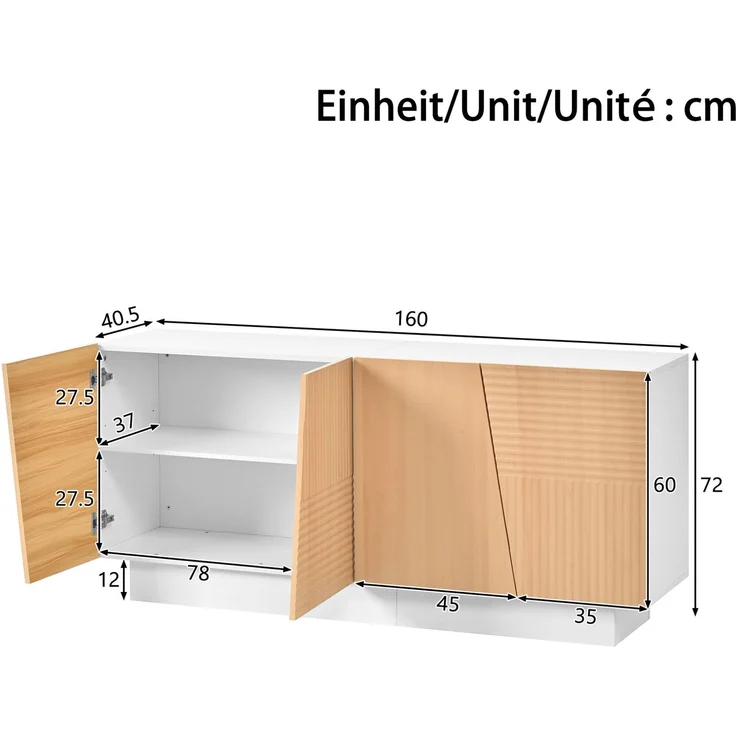 Sideboard aus MDF und PB mit 4 Türen, Rillenstruktur und höhenverstellbaren Einlegeböden, 160x40,5x72 cm, Natur/Weiß – Bild 5