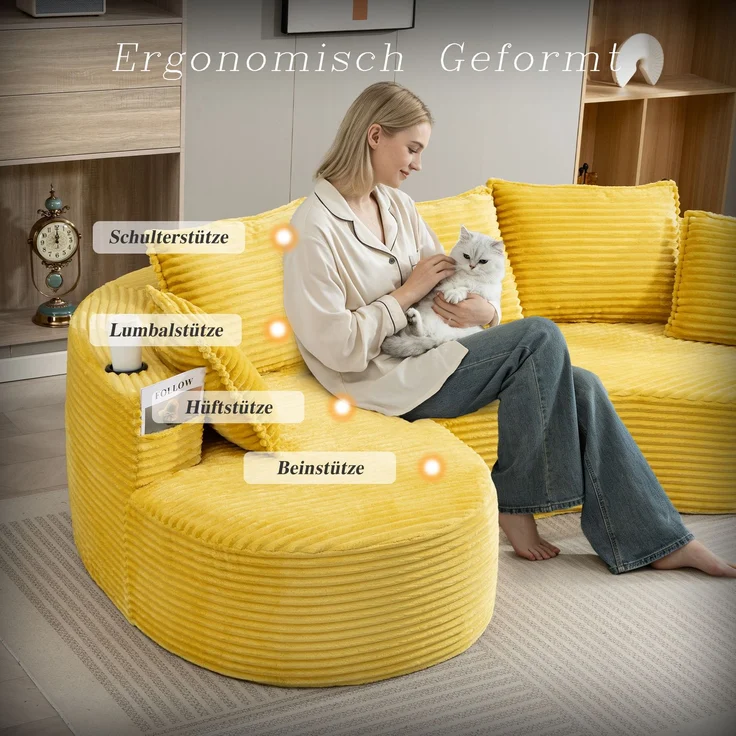LVHOM Ecksofa L-Form, Cloud Sofa mit Tassenhalter und Seitentaschen, 3-Sitzer Sofa aus Cordstoff, kein Aufbau erforderlich, 250x152cm, Gelb – Bild 8