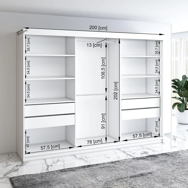 A&J MöbelLand 'Viluno' Schwebetürenschrank mit 4 Schubladen und Spiegel, Spanplatte, 215 x 59,5 x 200 cm, Weiß / Weiß / Weiß / Schwarz – Bild 3