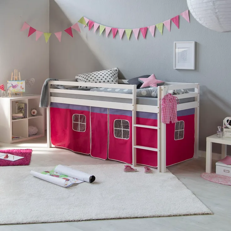 Kinderbett Hochbett Massiv Kiefer weiß pinker Vorhang