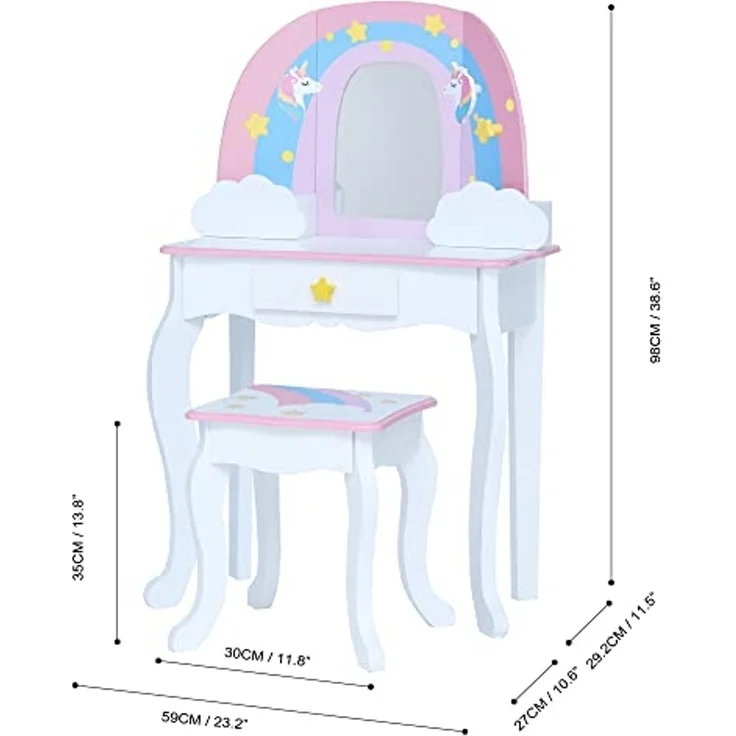 Teamson Kids Fantasy Fields Little Dreamer Regenbogen Schminktisch Schminktisch mit Spiegel, Integriertem Stauraum und Stuhlhocker Für Kinder, Weiß, TD-13543F – Bild 5