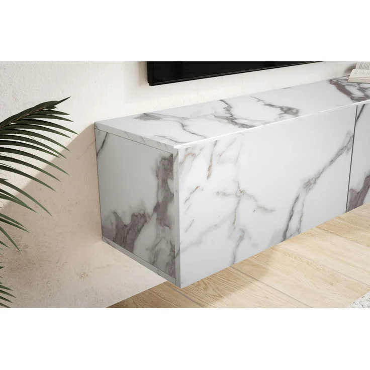 FINEBUY Lowboard FB58622 (Marmor-Optik Weiß 120x30x30 cm mit zwei Türen), TV-Kommode Hoch, TV-Schrank Modern, Fernsehtisch – Bild 4