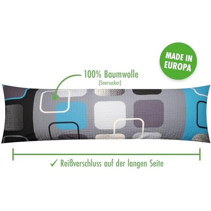 Heubergshop Seitenschläferkissenbezug, (1 Stück), Seersucker, 40x145cm Modern Türkis Schwarz 100% Baumwolle (EW-396/3) – Bild 2