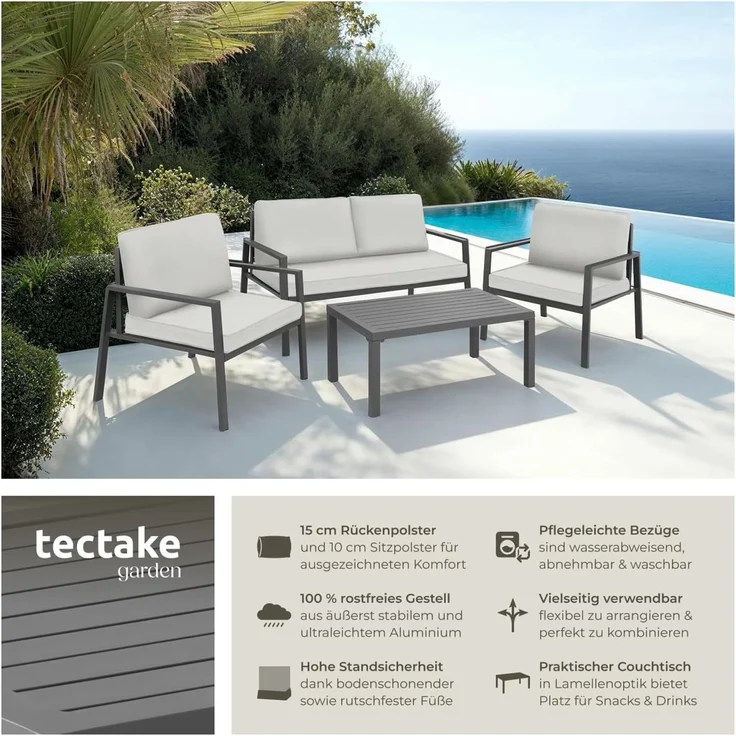 tectake Essgruppe Sitzgruppe, (Set, 4-tlg), mit Aluminiumgestell, für 4 Personen – Bild 2