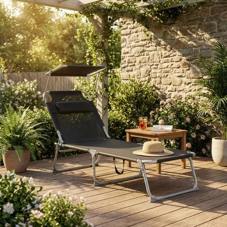 SONGMICS Sonnenliege klappbar, 2er Set, mit Kopfstütze, belastbar bis 110 kg, verstellbare Sonnenblende, grau