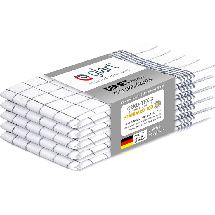 Glart 48KG1 Geschirrtücher 5er Set 50x70 cm grau kariert – 100 % Baumwolle, OEKO-TEX zertifiziert, vorgewaschen, saugstark, waschbar, langlebig, mit Aufhänger, für Küche, Haushalt, Büro, Gastronomie
