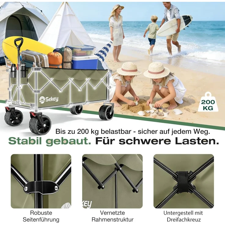 Sekey XXXL Verlängerter Bollerwagen Faltbar Handwagen mit Extra Breite 17x10 cm All-Terrain-Räder, 300L 200KG Belastbar, Grün – Bild 4