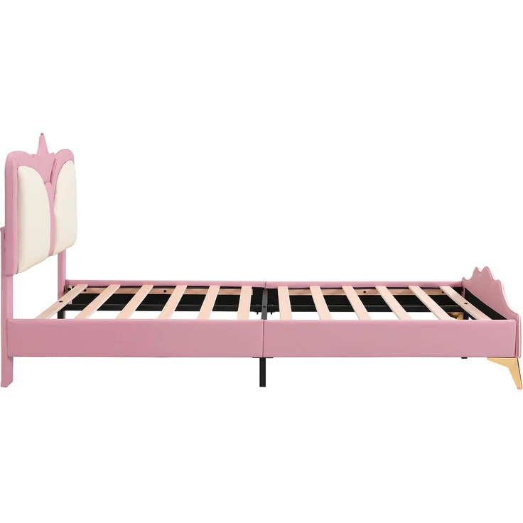 Merax Polsterbett, 90 x 200cm Einzelbett, Kinderbett, Kopfteil mit Kronenform, Weiche Antikollisions-Schwammkante und Kopfteil, Rosa+Weiß – Bild 7