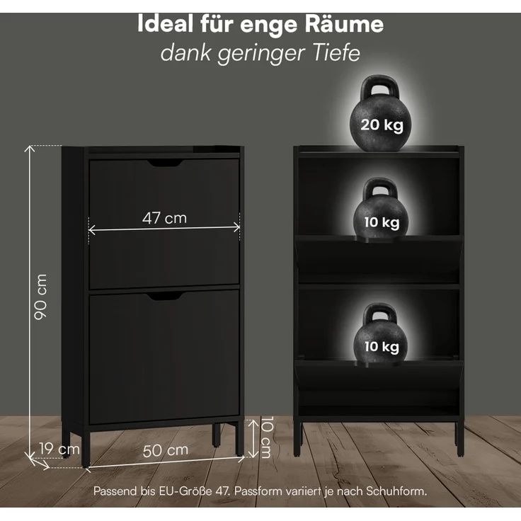 Bellamio 'Ceyhan' Schuhschrank mit 2 Klappen, schmales Schuhregal, schwarz, 50x19x90 cm, Schuhkipper für 4 paar Schuhe – Bild 7