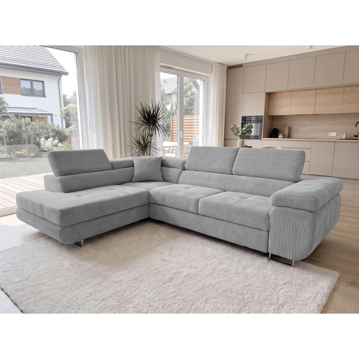 AX LIVING Konak Cord-Schlafsofa L Hellgrau 276 cm breit – Bettkasten & Kopfstützen