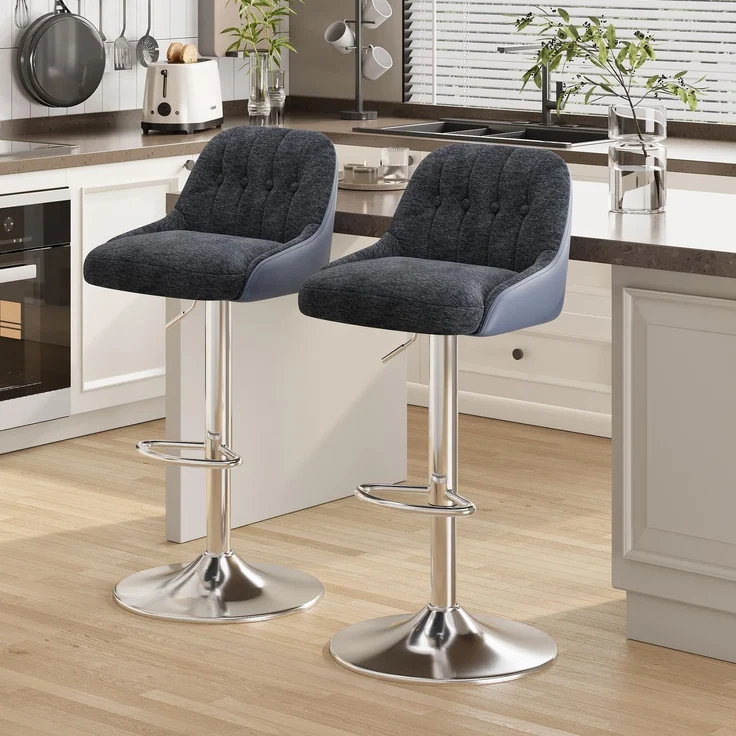 MALOL 360° Drehbarer Höhenverstellbarer Barhocker, Bar Hocker 2er Set mit Rückenlehne, Moderner Küchenhocker mit Metallfuß für Theke, Esszimmer, Barstuhl mit Kombination aus Leder und Stoff, Blau
