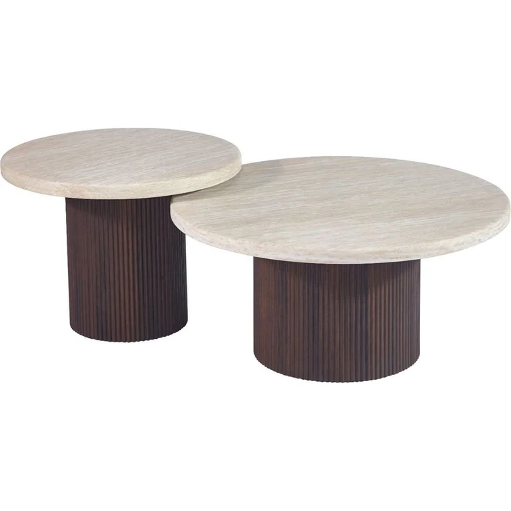 alesvelt Couchtisch Trivento Travertin-Design Tischplatte 2er-Set im edlen Säulenstil (2-er Set), Ø80X38 CM + Ø60X43 CM – Bild 2