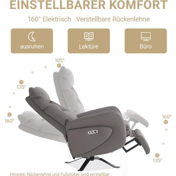 HOME NATURE WOHNKONZEPT Elektrischer Relaxsessel mit USB-Anschluss, elektrisch verstellbarer TV-Sessel mit Liegefunktion, Kunstleder Braun, bis 350 kg, FT9207-A – Bild 3