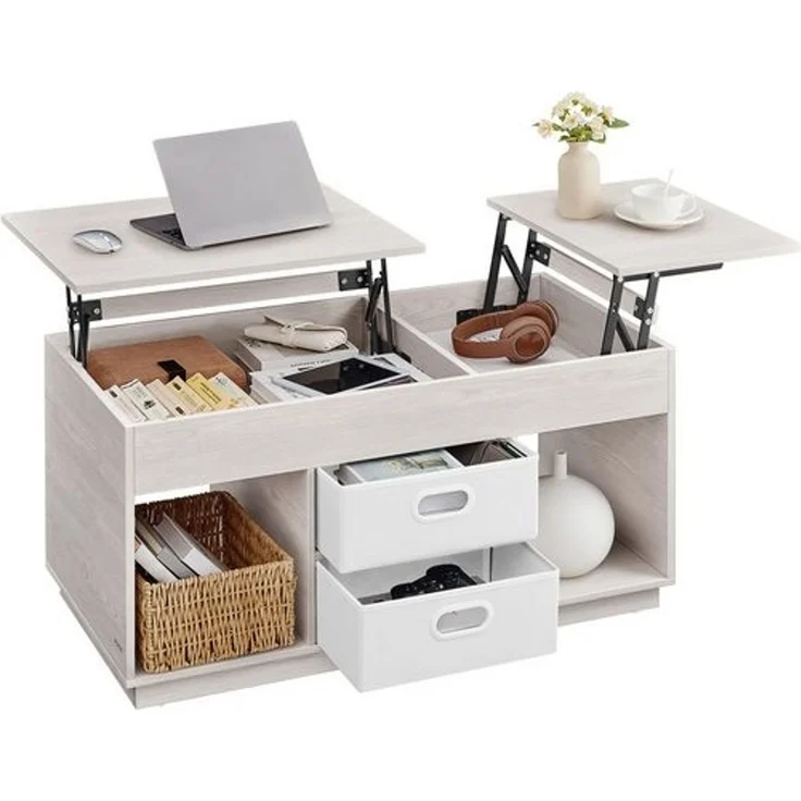 Vasagle Couchtisch, höhenverstellbarer Wohnzimmertisch, 2 Schubladen und versteckte Fächer, Kaffeetisch, offene Fächer, für Wohnzimmer, Homeoffice, haferflockenbeige – Bild 1