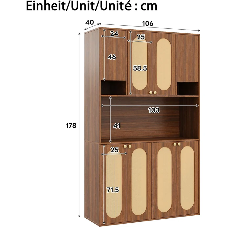 ZUBALIYA Sideboard (106 x 40 x 178 cm), LED - Beleuchtung, Gedämpftes Schließen, Fronten in Flechtoptik, Naturfarben – Bild 4