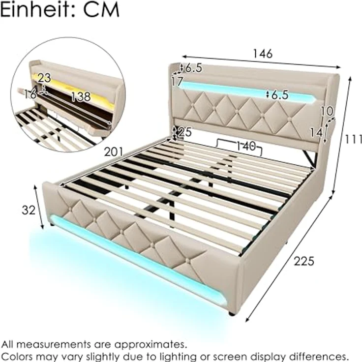 FAVSH Polsterbett Doppelbett 90x200 cm, Stauraumbett Bett mit USB Type-C Port und Einstellbar Stauraum Kopfteil, LED Hydraulisches Bett Stauraumbett Jugendbett,Leinen, ohne Matratze (Beige) – Bild 2