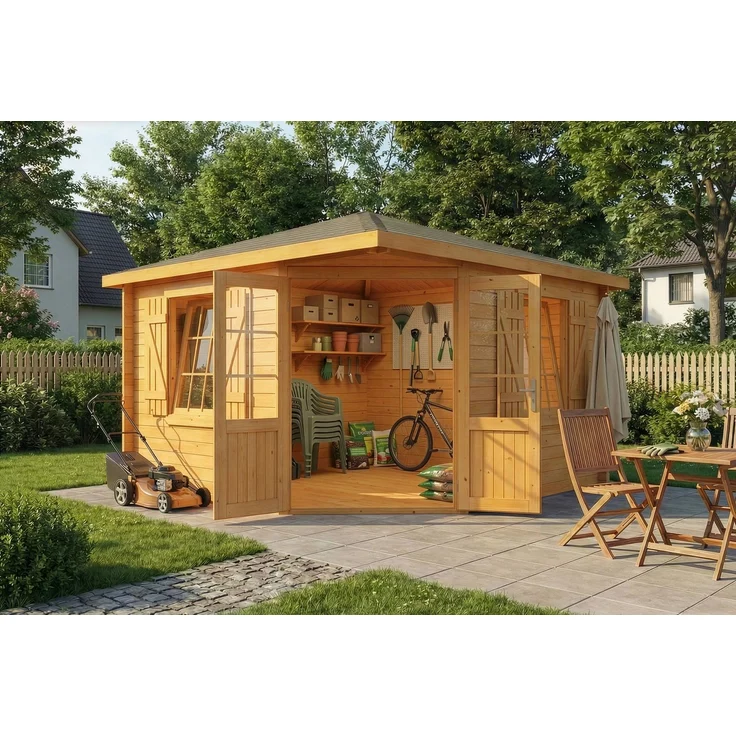 Alpholz 5-Eck Gartenhaus Monica Royal Gartenhaus aus Holz in Pinie Holzhaus mit 28 mm Wandstärke Blockbohlenhaus mit Montagematerial – Bild 2