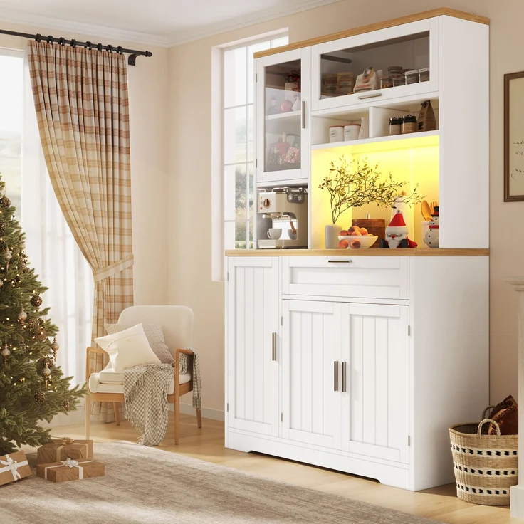 Küchenschrank, Hochschrank / Vitrine mit LED-Beleuchtung, 104x40x180 cm, weiß/schwarz, für Küche & Wohnzimmer--Weiß--104x40x180cm--YOUDENOVA – Bild 5