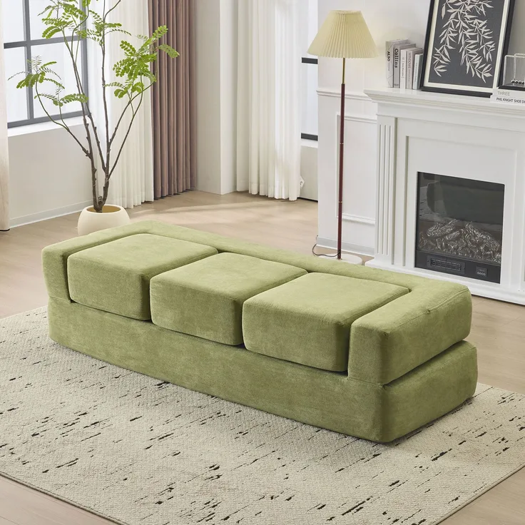 Wohnora-Ebern Designs Wandelbares Sofagarnitur mit 3 Fußstützen – Bett aus hochelastischem Schaumstoff, platzsparendes Chenille-Bodensofa für Studio-Apartments und Heimbüros Grün,H 50cm x T 201cm x B 755cm,Grün