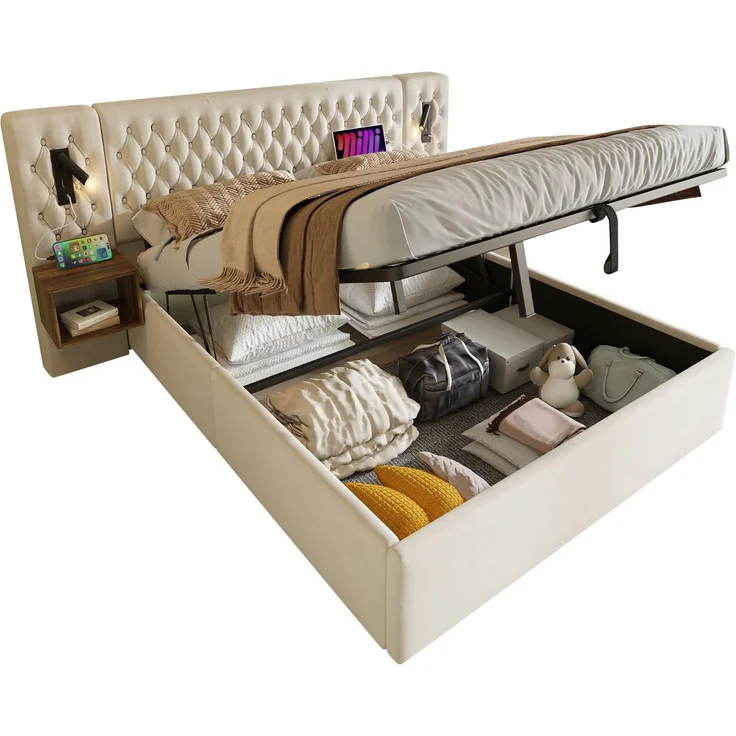 EINHOM Bettanlage Schlafzimmer Komplett-Set, hydraulisches Polsterbett als Stauraum-Doppelbett 160 × 200 cm mit 2 Nachttischen, Kopfteil mit Leselicht und USB-Ladefunktion, Beige, Samt (Mit Matratze) – Bild 7