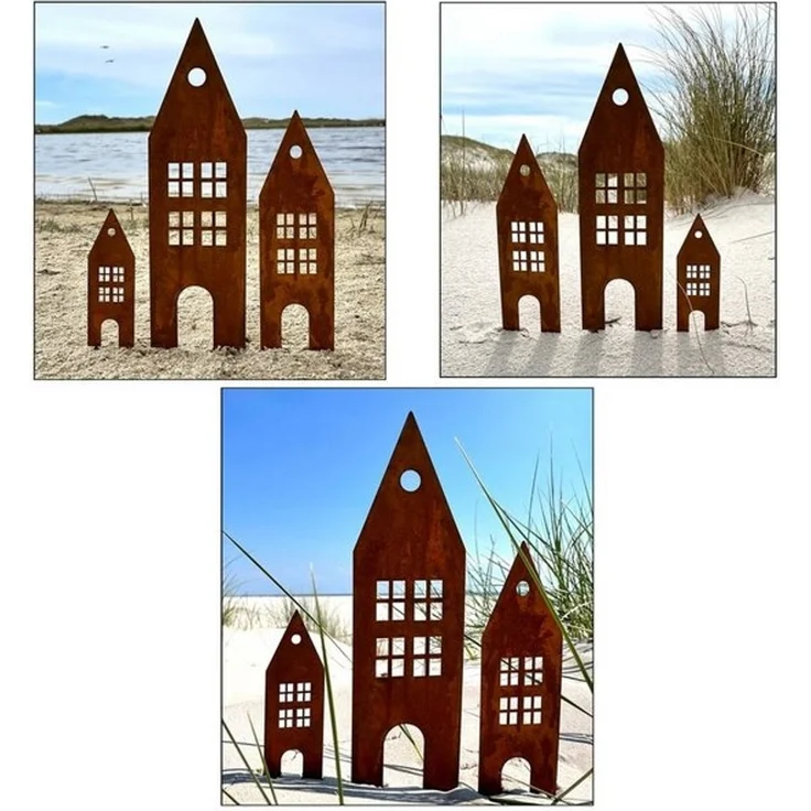 LB H&F Lilienburg Gartenstecker LB H&F Lilienburg Häuser 3er Set Gartendeko Roststecker (Edelrost Gartenfigur Dekofigur Dekohaus Haus Rost Rostdeko) Rost Metall Gartenstecker Beetstecker Dekostecker rostige Deko Garten – Bild 4
