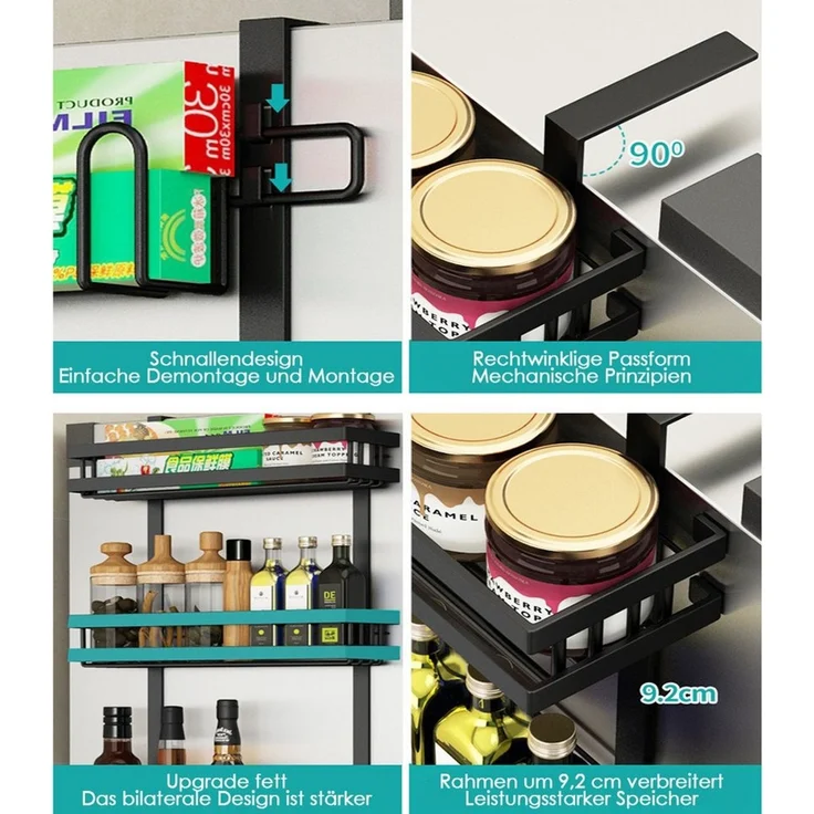 PFCTART Küchenorganizer-Set Hängeregal Küchenregal für Kühlschrank – 3-lagig & Metall, (Set, 1-tlg, Für Kühlschrank, Schrank & Möbel – Schwarz, Edelstahl), Ohne Bohren, inkl. Küchenreling & 7 Haken, starke Klebebefestigung – Bild 4