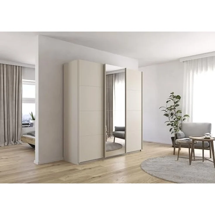 Rauch Möbel Kulmbach, Kleiderschrank mit Schwebetüren für Schlafzimmer, Kinderzimmer, Jugendzimmer, Garderobe, Flur, 3-türig, mit Spiegel, Zubehör Basic, Farbe Beige, Breite 203 cm – Bild 2