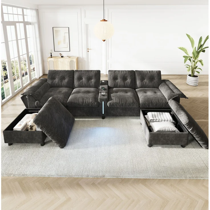 Modulares Ecksofa 312x142x82 cm für 6–7 Personen mit 2 Stauraum-Hockern, Chenille, Grau – Bild 3