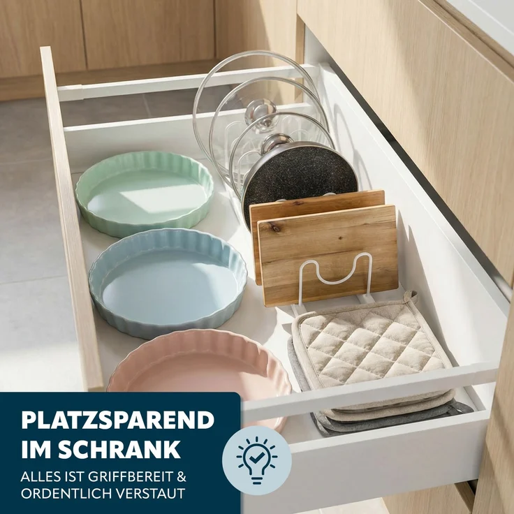 eluno Topfdeckel und Pfannenhalter 2er Set für 7 Töpfe, Pfannen, Deckel, Teller und Schneidebretter aus weißem Metall – Bild 3